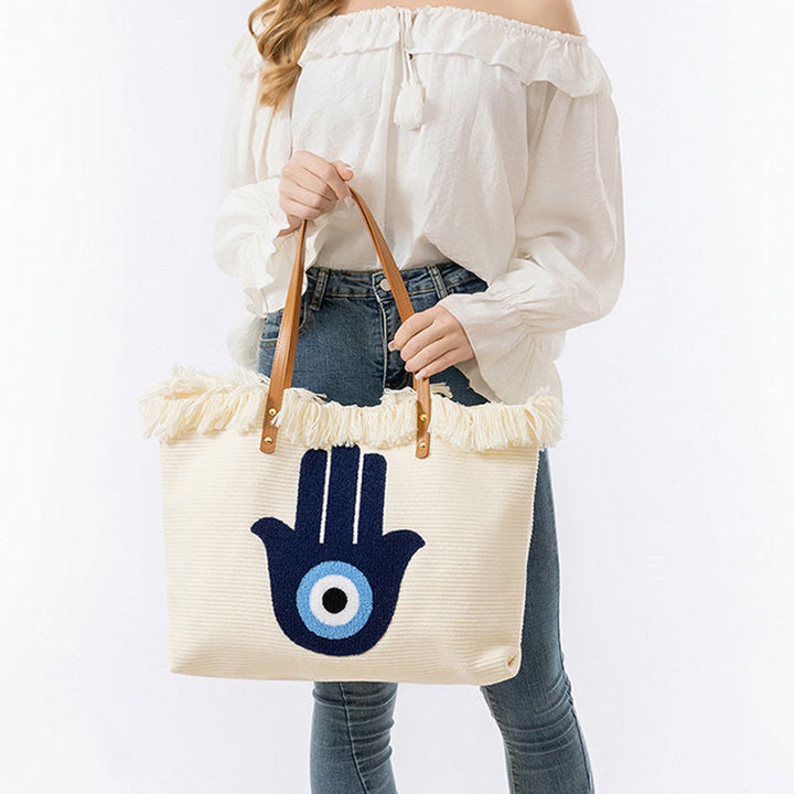 Buddha Stones Gran Capacidad Ojo Turco Hoja Hamsa Borla Lona Tote Bolso de Hombro
