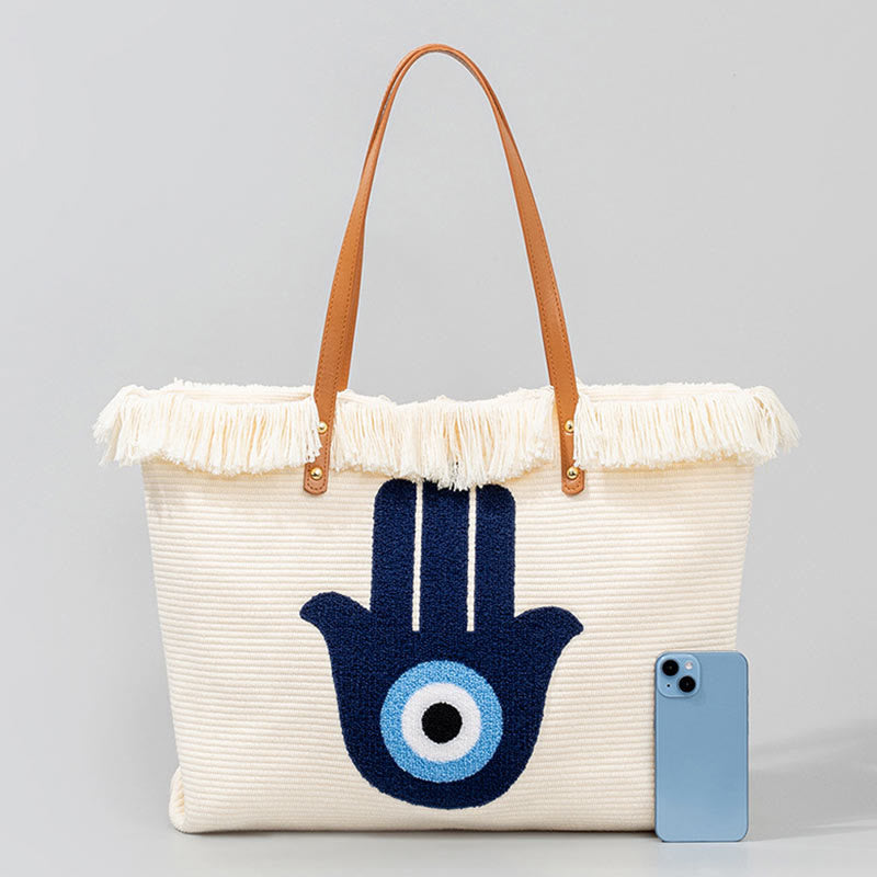 Buddha Stones Gran Capacidad Ojo Turco Hoja Hamsa Borla Lona Tote Bolso de Hombro
