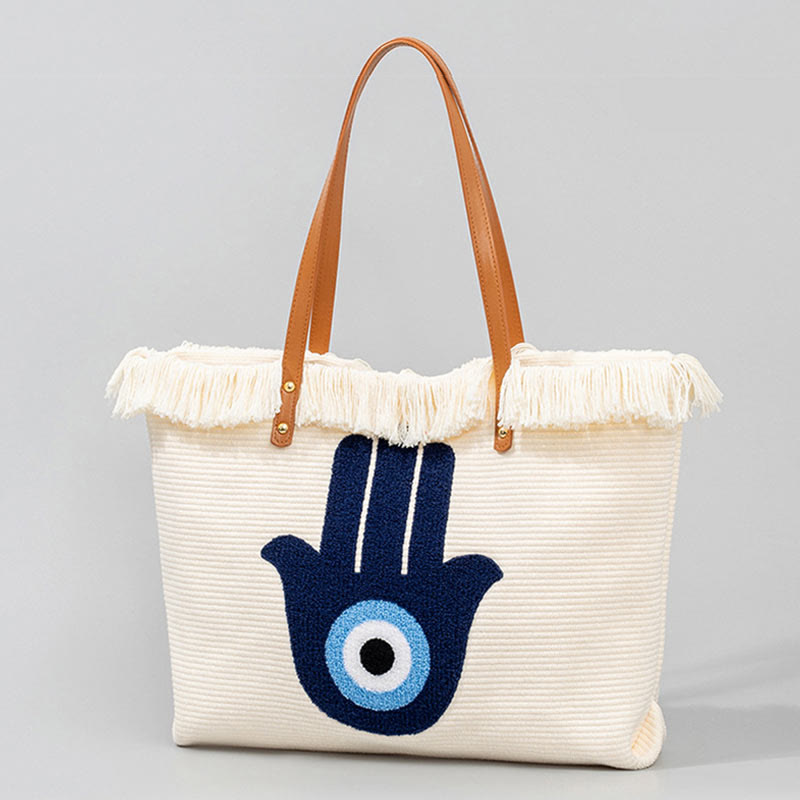 Buddha Stones Gran Capacidad Ojo Turco Hoja Hamsa Borla Lona Tote Bolso de Hombro
