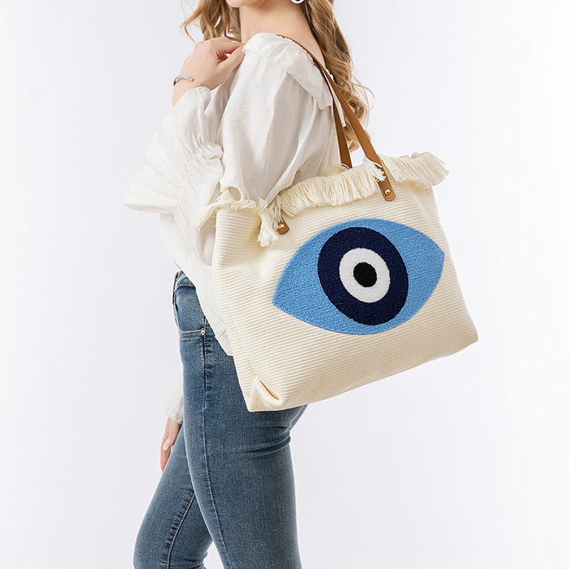 Buddha Stones Gran Capacidad Ojo Turco Hoja Hamsa Borla Lona Tote Bolso de Hombro