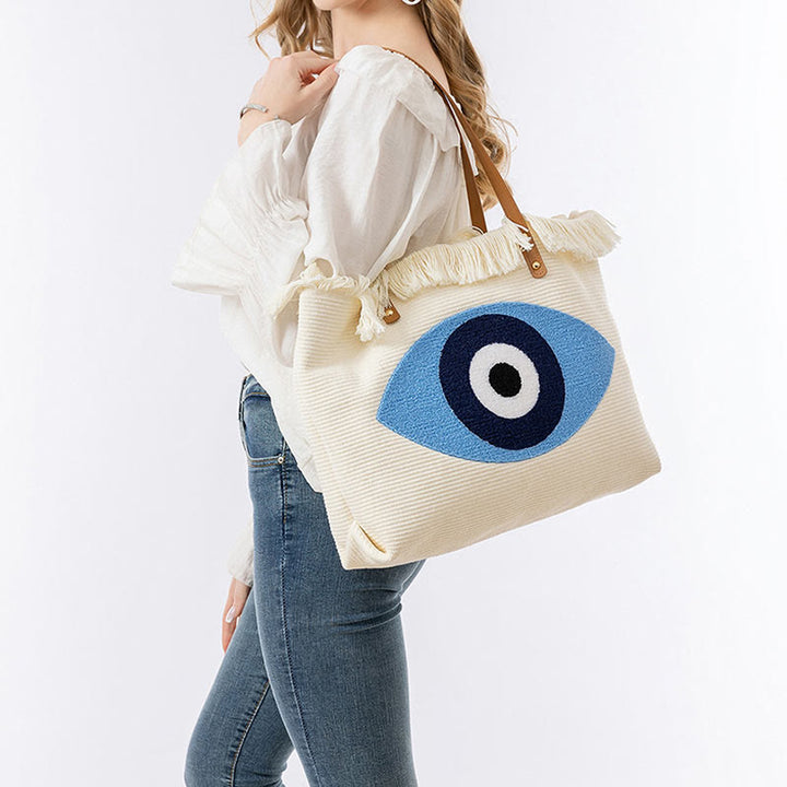 Buddha Stones Gran Capacidad Ojo Turco Hoja Hamsa Borla Lona Tote Bolso de Hombro