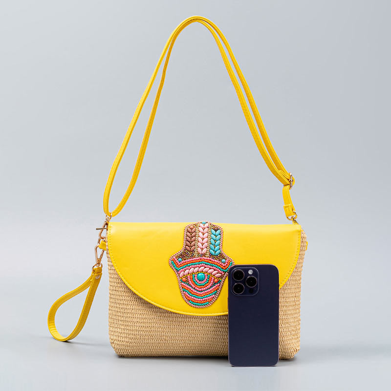 Bolso cruzado de paja con piedras de Buda, hamsa, elefante y flor, bolso de hombro, bolso de mano
