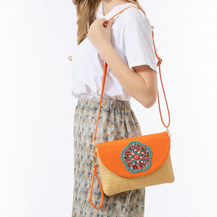 Bolso cruzado de paja con piedras de Buda, hamsa, elefante y flor, bolso de hombro, bolso de mano