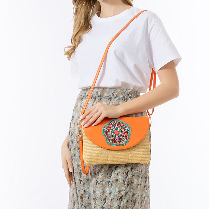 Bolso cruzado de paja con piedras de Buda, hamsa, elefante y flor, bolso de hombro, bolso de mano