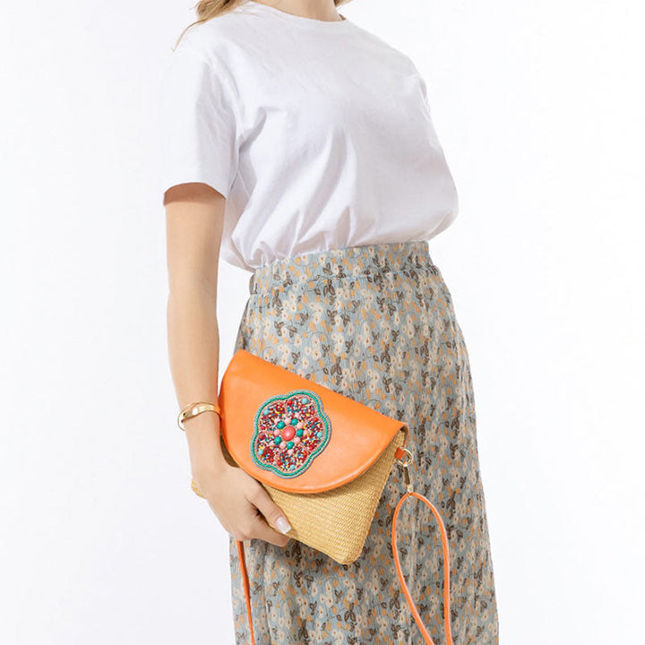 Bolso cruzado de paja con piedras de Buda, hamsa, elefante y flor, bolso de hombro, bolso de mano