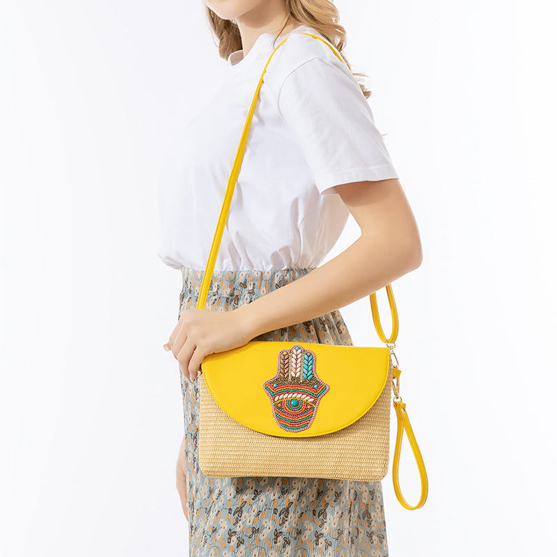 Bolso cruzado de paja con piedras de Buda, hamsa, elefante y flor, bolso de hombro, bolso de mano