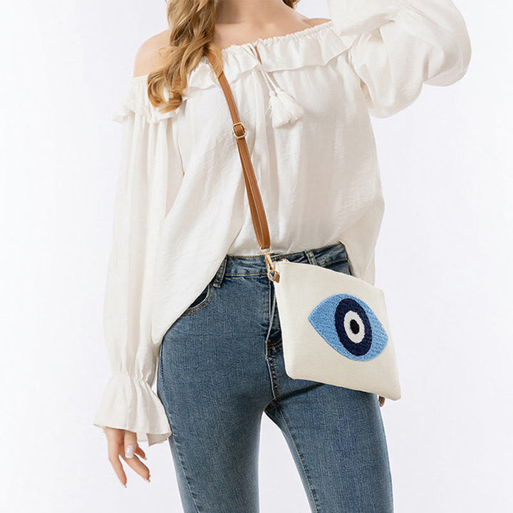 Bolso bandolera de lona de Hamsa con hojas del ojo malo y piedras de Buda