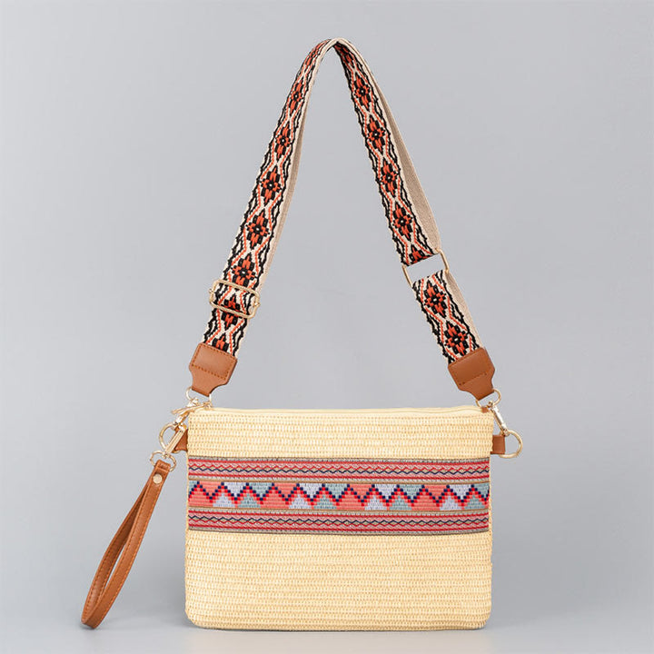 Bolso cruzado de paja tejido geométrico colorido boho con piedras Buda