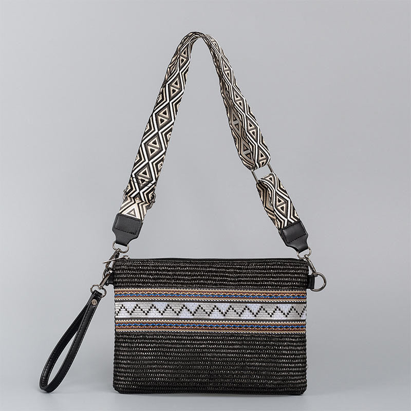 Bolso cruzado de paja tejido geométrico colorido boho con piedras Buda