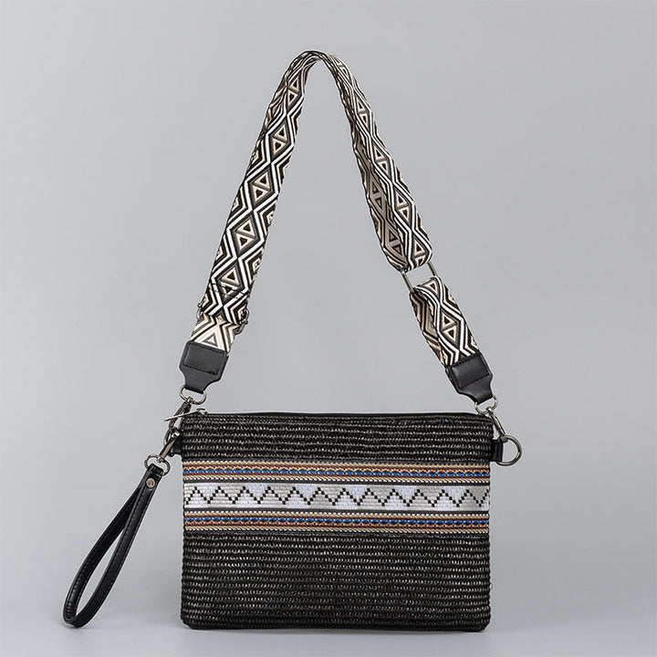 Bolso cruzado de paja tejido geométrico colorido boho con piedras Buda