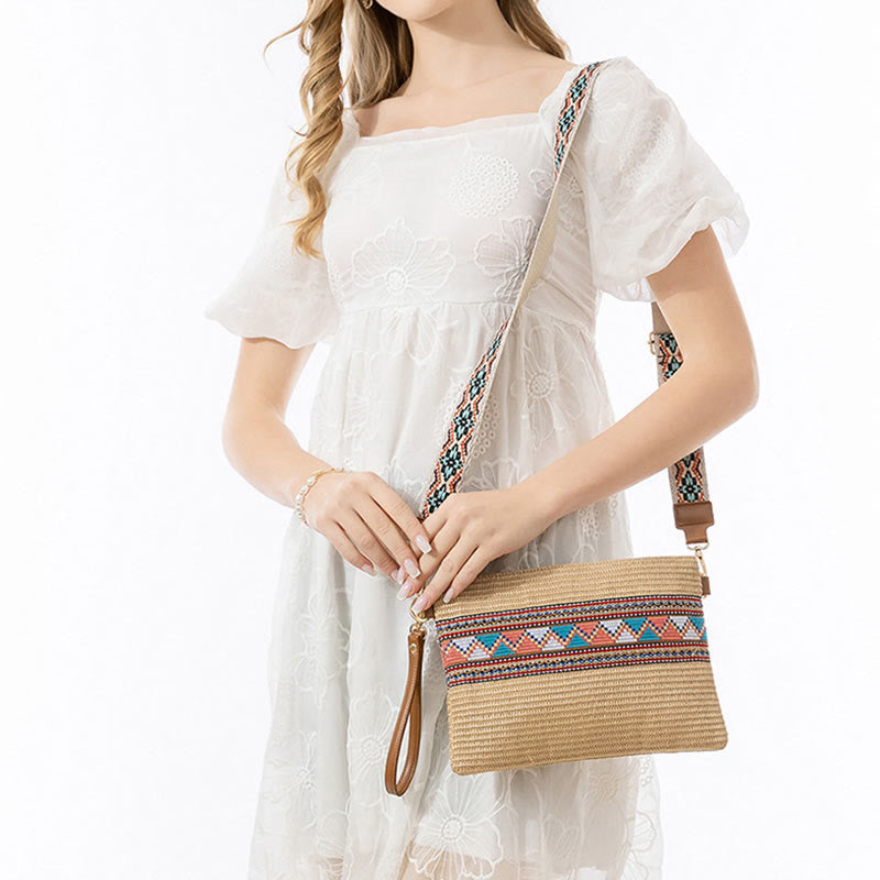 Bolso cruzado de paja tejido geométrico colorido boho con piedras Buda
