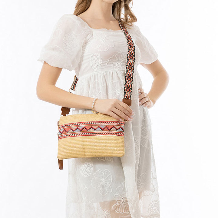 Bolso cruzado de paja tejido geométrico colorido boho con piedras Buda
