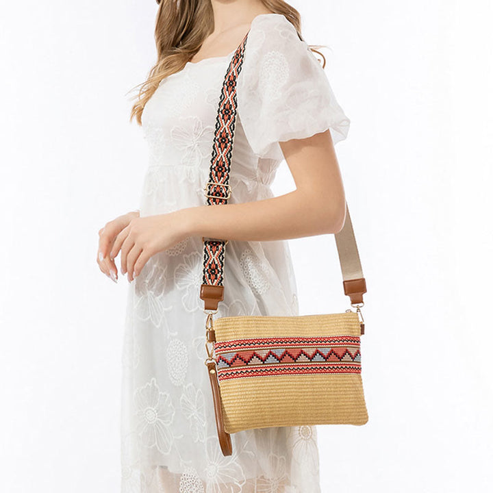 Bolso cruzado de paja tejido geométrico colorido boho con piedras Buda