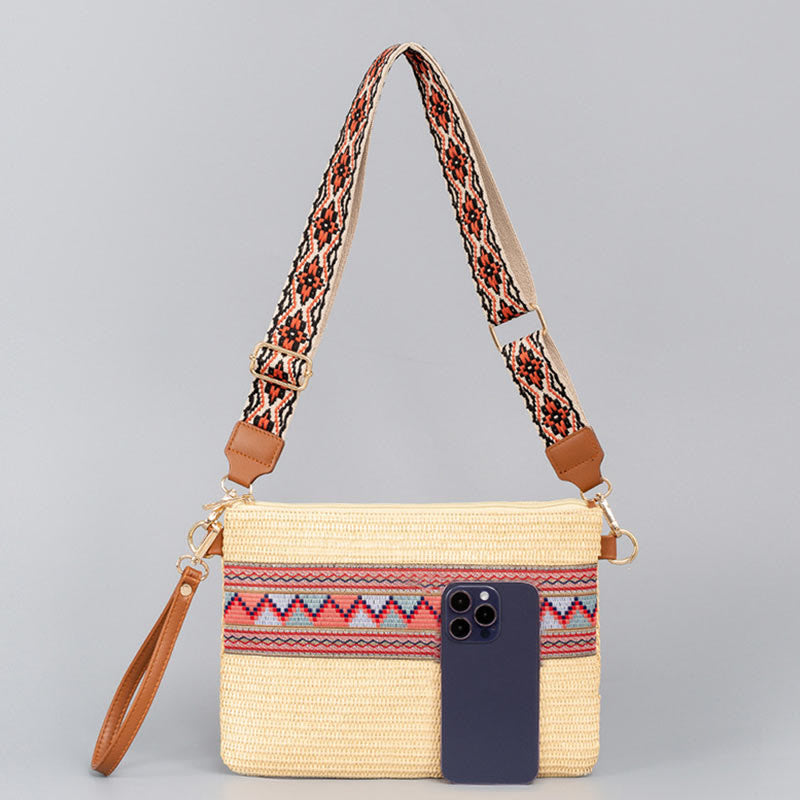 Bolso cruzado de paja tejido geométrico colorido boho con piedras Buda