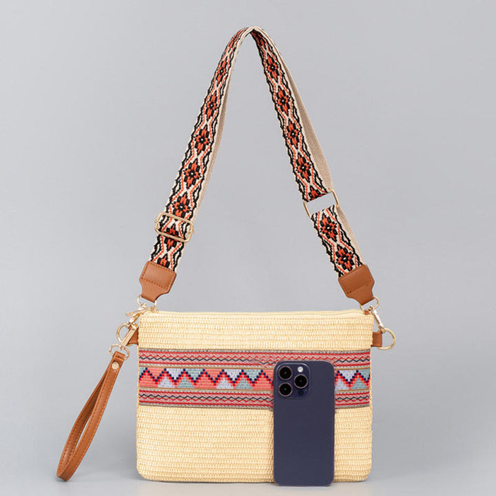 Bolso cruzado de paja tejido geométrico colorido boho con piedras Buda
