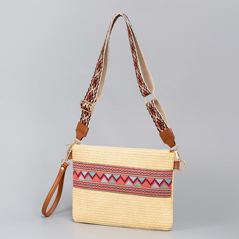 Bolso cruzado de paja tejido geométrico colorido boho con piedras Buda