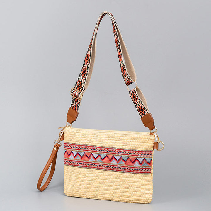 Bolso cruzado de paja tejido geométrico colorido boho con piedras Buda