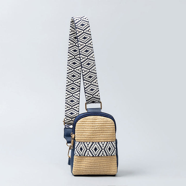 Bolso bandolera de paja tejido con geometría pequeña de piedras de Buda