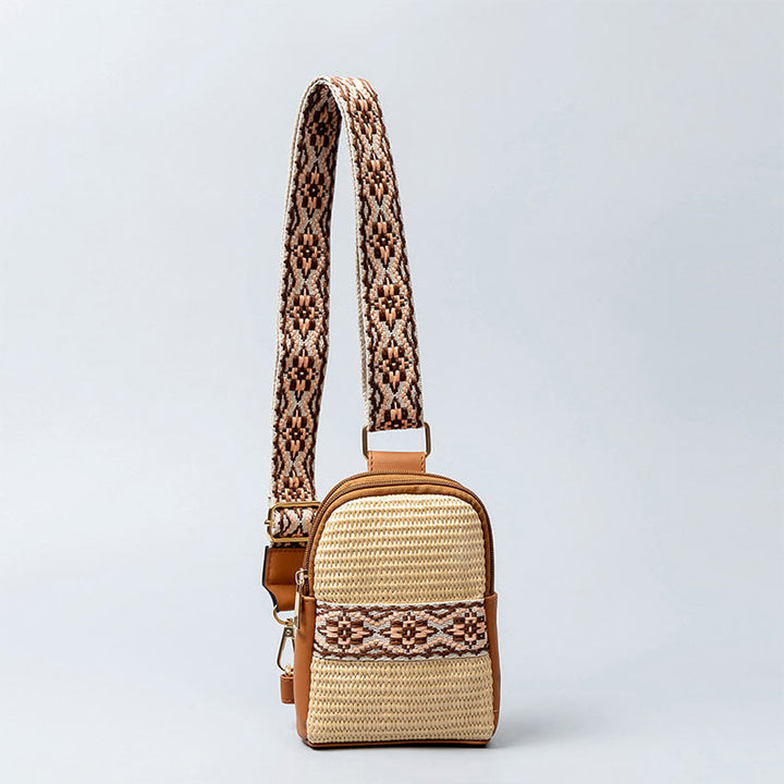 Bolso bandolera de paja tejido con geometría pequeña de piedras de Buda