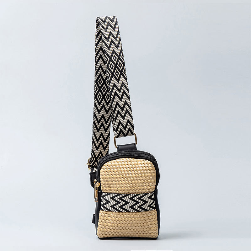 Bolso bandolera de paja tejido con geometría pequeña de piedras de Buda