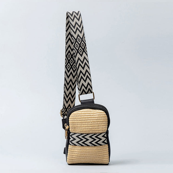 Bolso bandolera de paja tejido con geometría pequeña de piedras de Buda