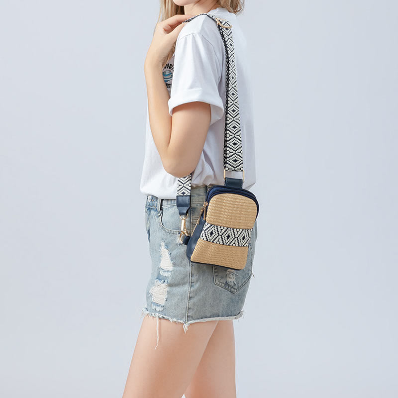 Bolso bandolera de paja tejido con geometría pequeña de piedras de Buda