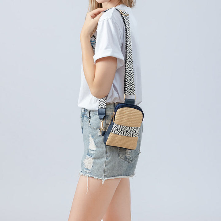 Bolso bandolera de paja tejido con geometría pequeña de piedras de Buda