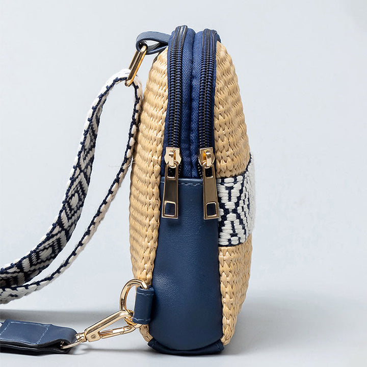Bolso bandolera de paja tejido con geometría pequeña de piedras de Buda
