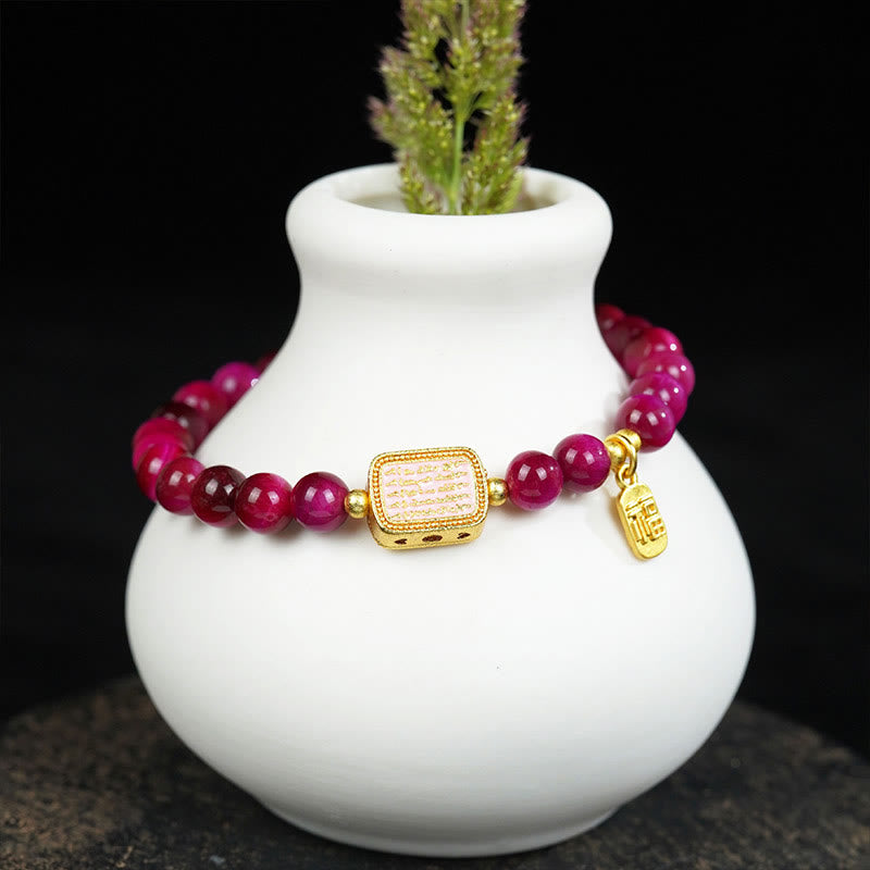 Brazalete de Coraje con Piedras de Buda, Ojo de Tigre Rojo Rosado, Carácter Fu