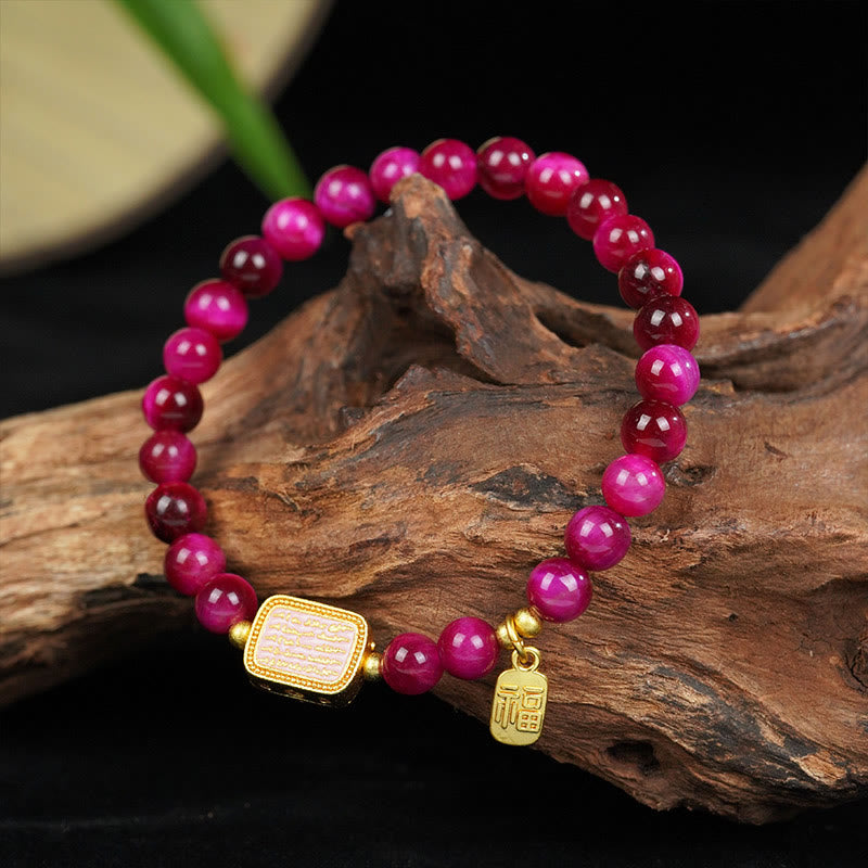 Brazalete de Coraje con Piedras de Buda, Ojo de Tigre Rojo Rosado, Carácter Fu