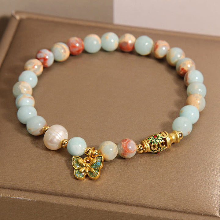 Pulsera de Riqueza con Piedras de Buda, Piedra de Shoushan, Perla, y Mariposa