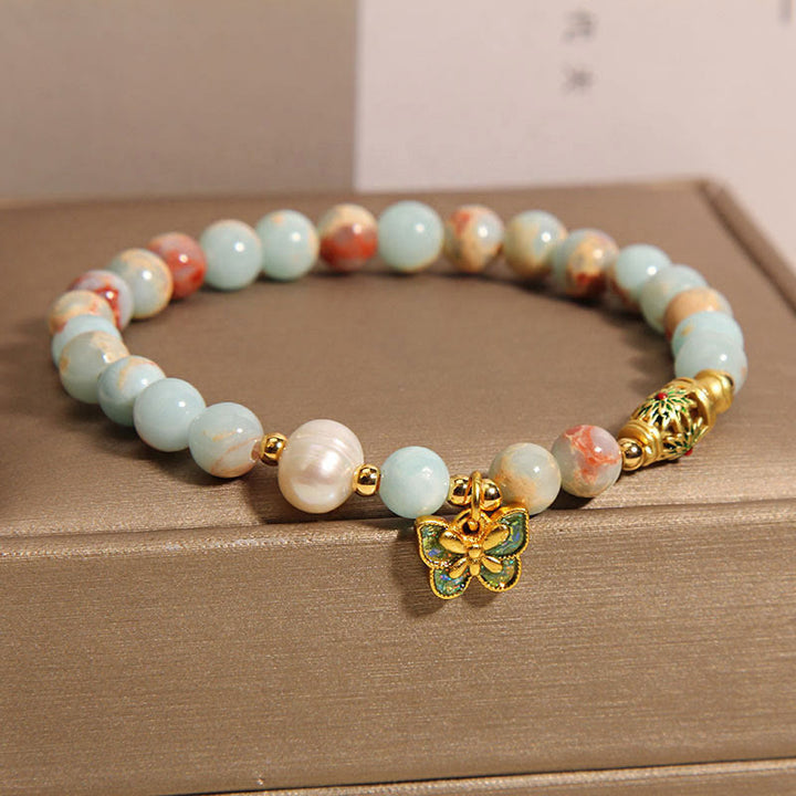 Pulsera de Riqueza con Piedras de Buda, Piedra de Shoushan, Perla, y Mariposa
