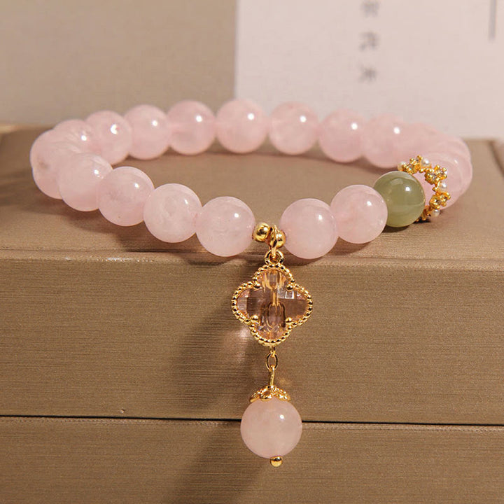 Buddha Stones Natural Pink Crystal Four Leaf Clover Soothing Bracelet - Cristal rosa (circunferencia de la muñeca: 14-17 cm) - image 0
