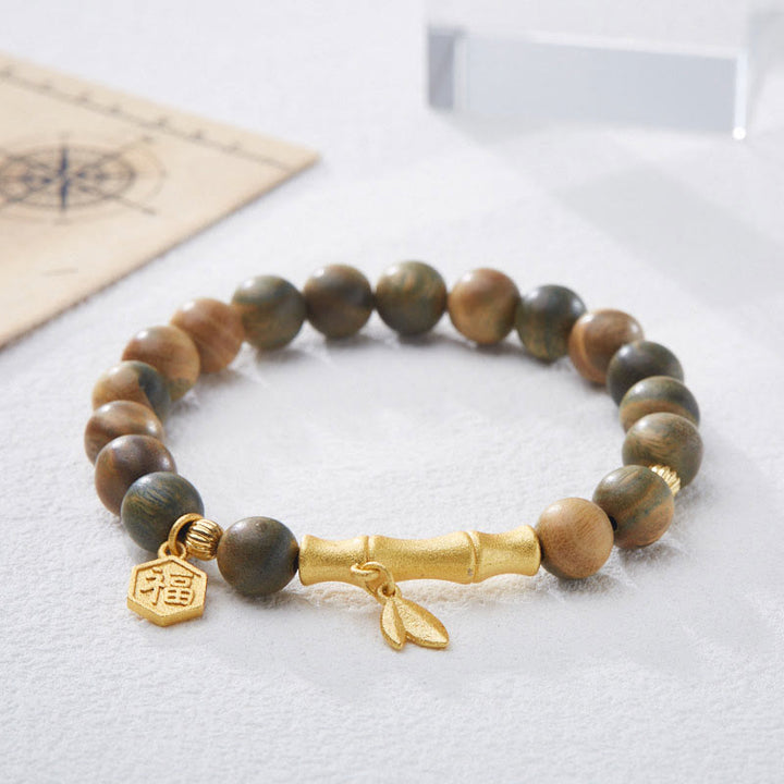 Buda Piedras Sándalo Verde Carácter Fu Pulsera Relajante de Bambú