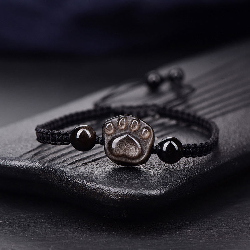 Piedras de Buda Obsidiana de Brillo Plateado Natural Obsidiana de Brillo Dorado Pulsera Trenzada Calmante con Garra de Gato - Obsidiana plateada brillante (circunferencia de la muñeca: 15-17 cm) - Cuerda negra de garra de gato - image 2