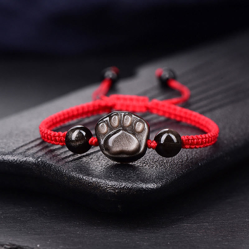 Piedras de Buda Obsidiana de Brillo Plateado Natural Obsidiana de Brillo Dorado Pulsera Trenzada Calmante con Garra de Gato - Obsidiana plateada brillante (circunferencia de la muñeca: 15-17 cm) - Cuerda roja de garra de gato - image 1