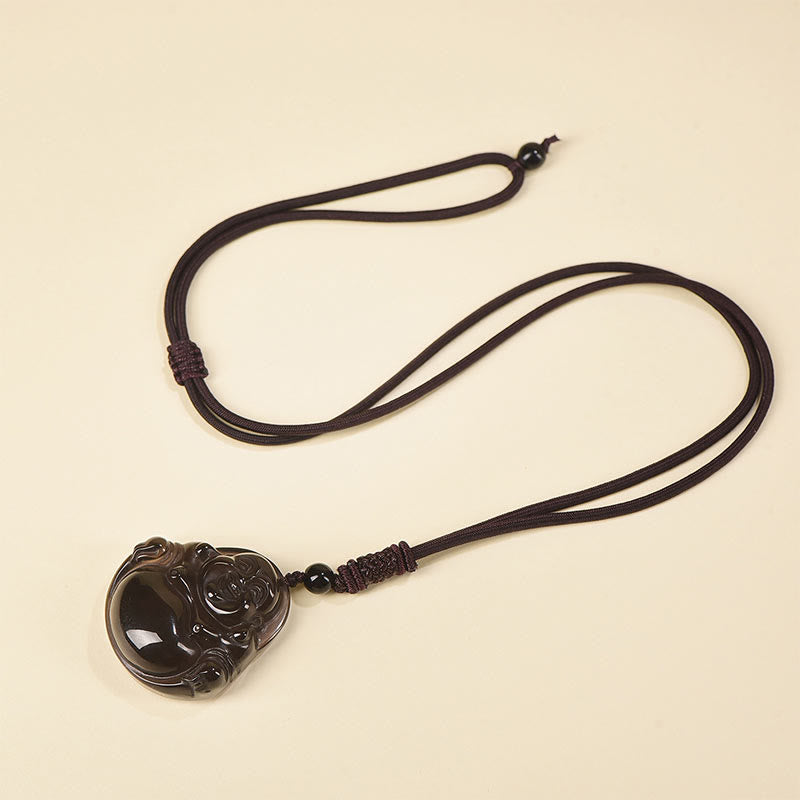 Buda Piedras Natural Obsidiana Negra Hielo Obsidiana Buda Risueño Colgante de Purificación Collar