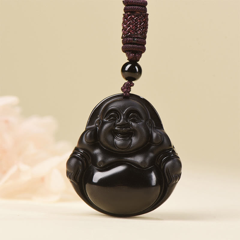 Buda Piedras Natural Obsidiana Negra Hielo Obsidiana Buda Risueño Colgante de Purificación Collar