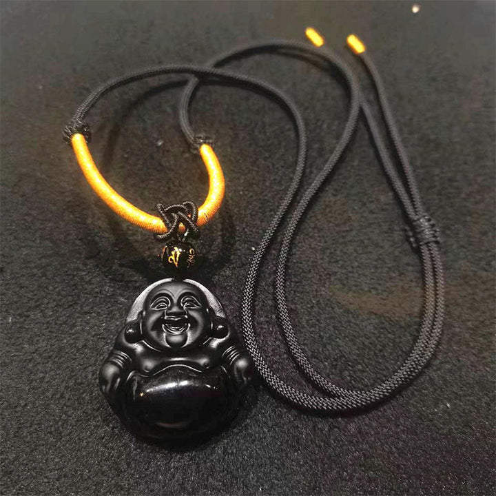 Buda Piedras Natural Obsidiana Negra Hielo Obsidiana Buda Risueño Colgante de Purificación Collar
