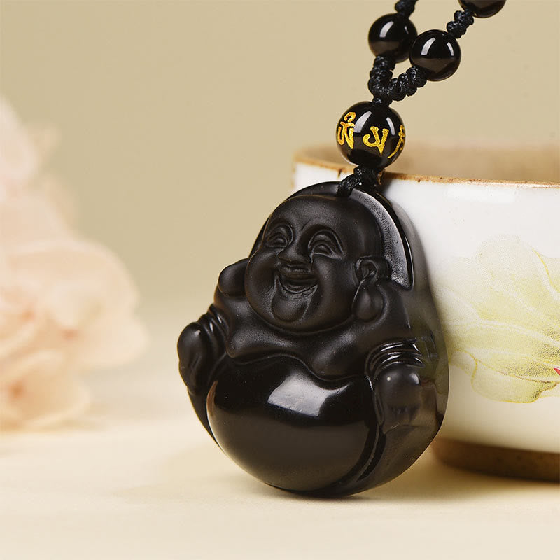 Buda Piedras Natural Obsidiana Negra Hielo Obsidiana Buda Risueño Colgante de Purificación Collar