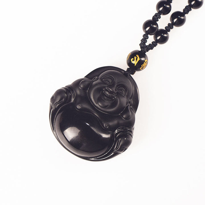 Buda Piedras Natural Obsidiana Negra Hielo Obsidiana Buda Risueño Colgante de Purificación Collar