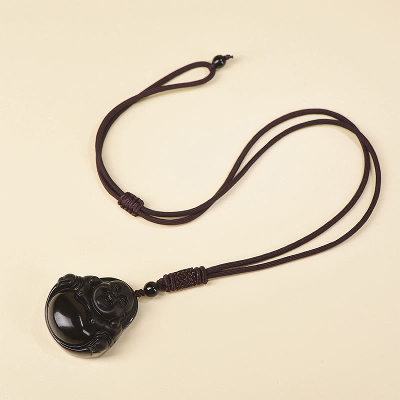 Buda Piedras Natural Obsidiana Negra Hielo Obsidiana Buda Risueño Colgante de Purificación Collar
