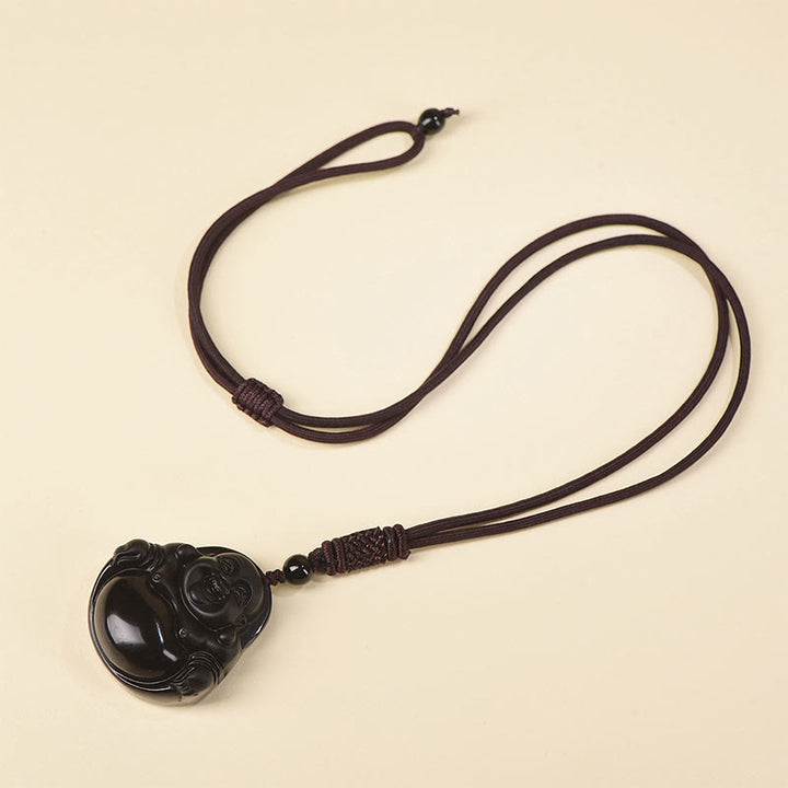 Buda Piedras Natural Obsidiana Negra Hielo Obsidiana Buda Risueño Colgante de Purificación Collar