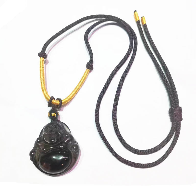 Buda Piedras Natural Obsidiana Negra Hielo Obsidiana Buda Risueño Colgante de Purificación Collar