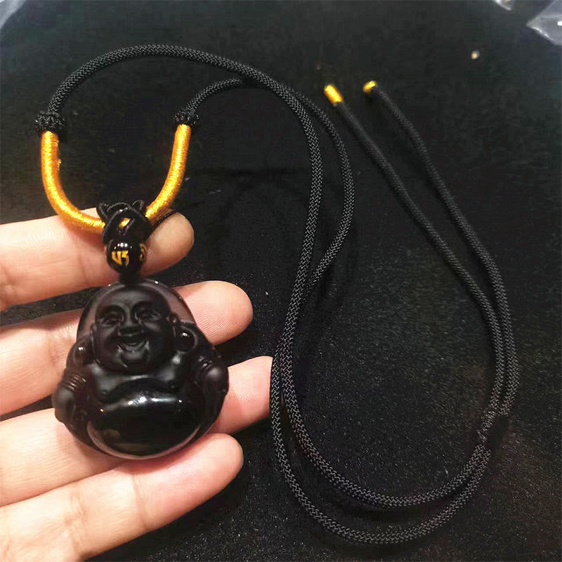 Buda Piedras Natural Obsidiana Negra Hielo Obsidiana Buda Risueño Colgante de Purificación Collar