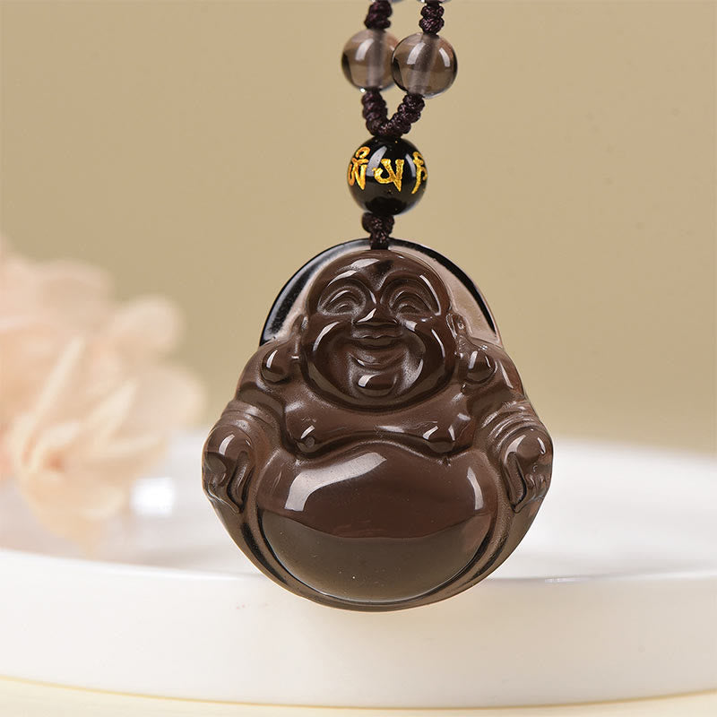 Buda Piedras Natural Obsidiana Negra Hielo Obsidiana Buda Risueño Colgante de Purificación Collar