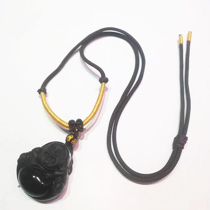 Buda Piedras Natural Obsidiana Negra Hielo Obsidiana Buda Risueño Colgante de Purificación Collar
