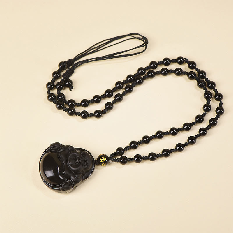 Buda Piedras Natural Obsidiana Negra Hielo Obsidiana Buda Risueño Colgante de Purificación Collar
