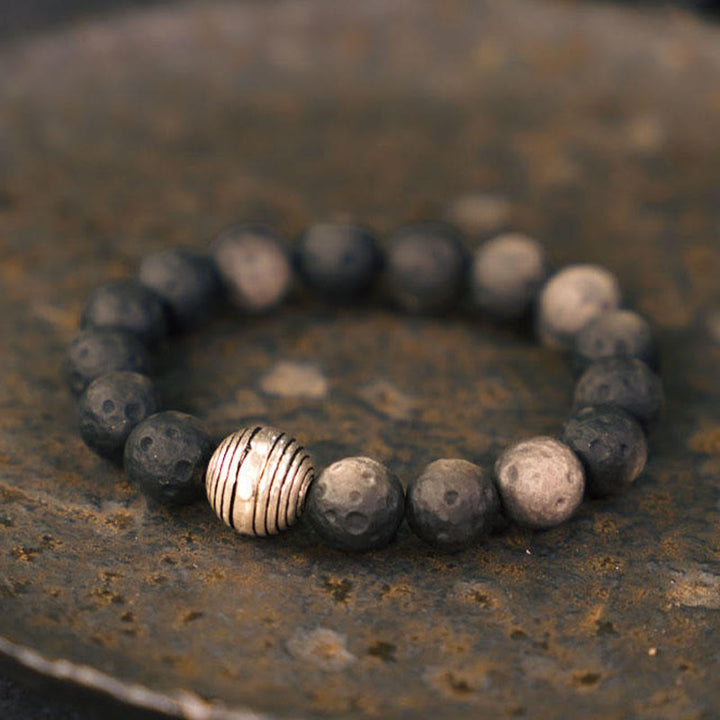 Pulsera de protección con piedras de Buda, obsidiana con brillo plateado natural y meteorito lunar.