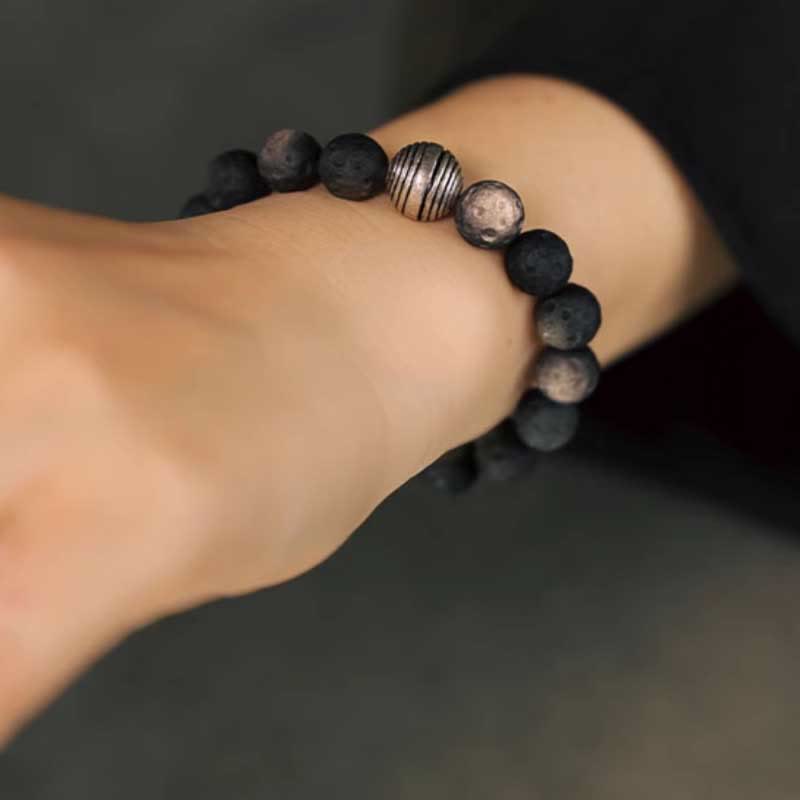 Pulsera de protección con piedras de Buda, obsidiana con brillo plateado natural y meteorito lunar.